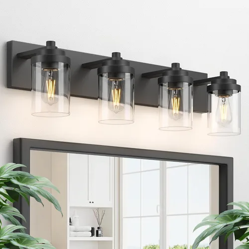 Vista 14 de Lámparas de tocador modernas de 4 luces sobre el espejo, lámparas de baño negro mate, luces de tocador, aplique de pared con pantalla de vidrio