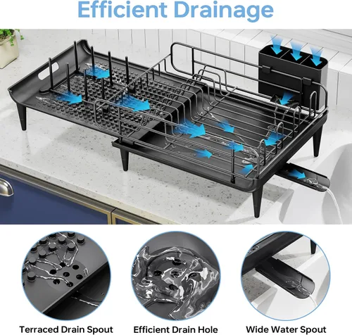 Vista 6 de TOOLF Escurridor de platos grande, escurridor de platos expandible para encimera de cocina, escurridor de platos multifuncional, elementos Negro