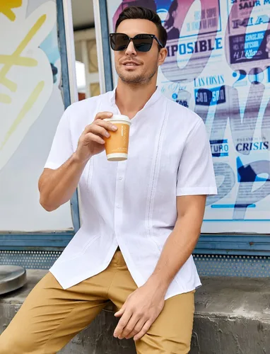 Vista 2 de Ryannology Guayabera - Camisas de lino de manga corta con botones para hombre, estilo casual, playa, campamento cubano, camisa mexicana para hombre