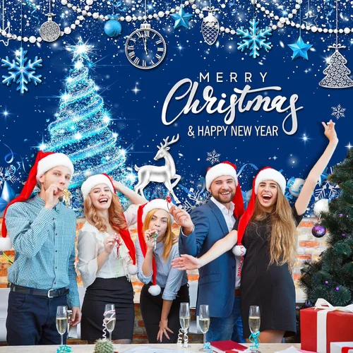 Vista 4 de Tiamon Telón de Fondo Banner de Fiesta Feliz Navidad para Decoración de Fiesta de Navidad y Año Nuevo (Azul Dorado, 72.8 x 43.3 Pulgadas)