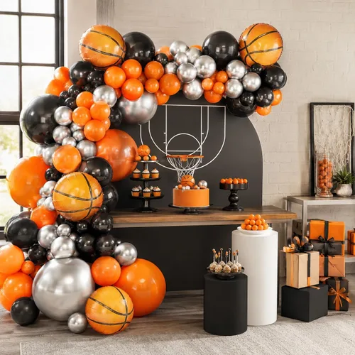 Vista 7 de Kit de guirnalda de globos de baloncesto, globos metálicos naranjas, negros y plateados con globos de papel de aluminio de baloncesto para Rojo Azul