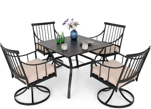 Vista 19 de MFSTUDIO Juego de comedor de 5 piezas de metal para patio, juego de muebles para exteriores con 1 mesa cuadrada de madera y 6 sillas de respaldo