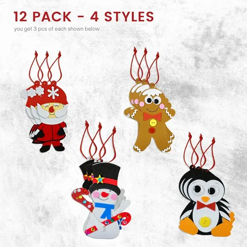 Vista 4 de 4E's Novelty Adorno navideño de espuma para niños (paquete de 12) Papá Noel, hombre de jengibre, muñeco de nieve y pingüino, manualidades de Navidad