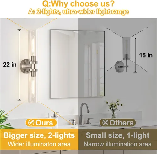 Vista 3 de Indoi Apliques de pared de níquel cepillado, apliques de baño cableados con vidrio transparente, modernos accesorios de tocador de baño para espejo