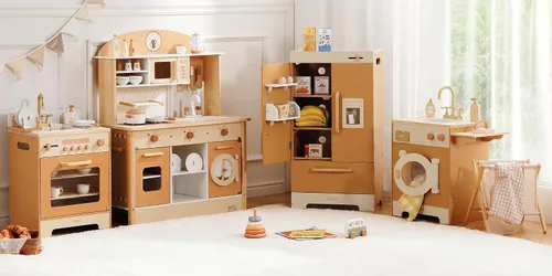 Vista 10 de ROBUD Juego de cocina de madera, juego de cocina de juguete para niños con diseño realista, utensilios, máquina de hielo, nevera, horno, lavadora