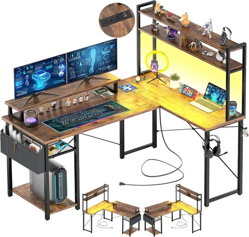 Vista 10 de Aheaplus Escritorio pequeño en forma de L para gaming con luces LED y tomas de corriente, escritorio reversible en forma de L para computadora