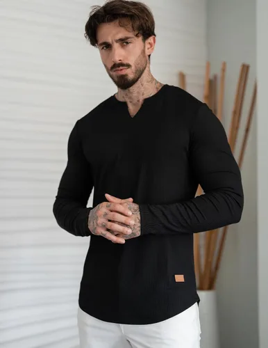 Vista 2 de JMIERR Camisetas de manga larga para hombre, estilo casual, cuello en V Negro+Blanco