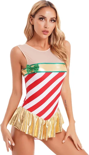 Vista 3 de Miutii Leotardo de gimnasia de bastón de caramelo para mujer, vestido de baile de Navidad, disfraz a rayas