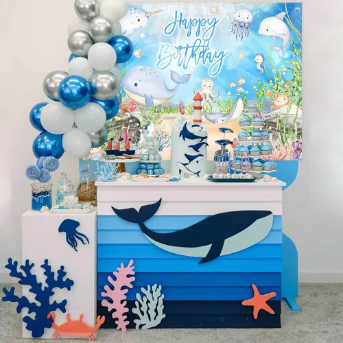 Vista 4 de Mocsicka Pancarta de cumpleaños con texto en inglés "Under The Sea", decoración de acuarela pulpo, ballena, tiburón, animal marino, fondo