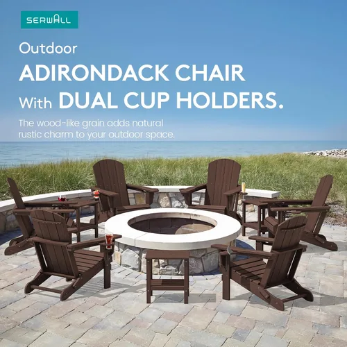 Vista 9 de SERWALL Silla Adirondack con portavasos, sillas Adirondack compuestas de polietileno de alta densidad para exteriores, para todo tipo de clima Café