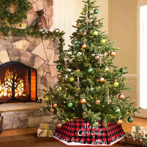 Vista 7 de Collar de árbol de Navidad, diseño a cuadros, cubierta de base de árbol de Navidad, falda de base de árbol hexagonal de tela con seis patrones, base