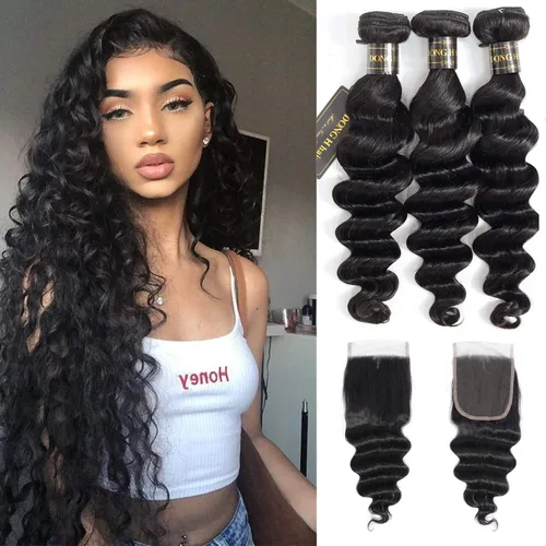 Vista 17 de Mechones de cabello suelto con ondas profundas peruanas con cierre, (16"18"20"+14Cierre) Extensiones de cabello peruano virgen 8A con mechones