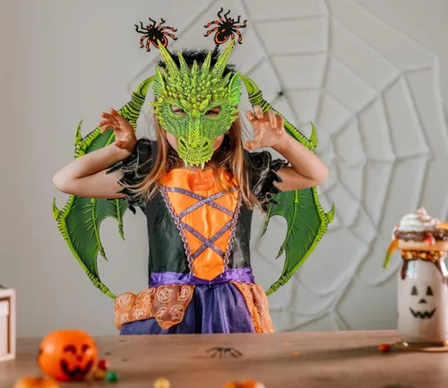 Vista 4 de Disfraz de alas de dragón accesorios para niños conjunto de máscara de cola de dinosaurio para niños