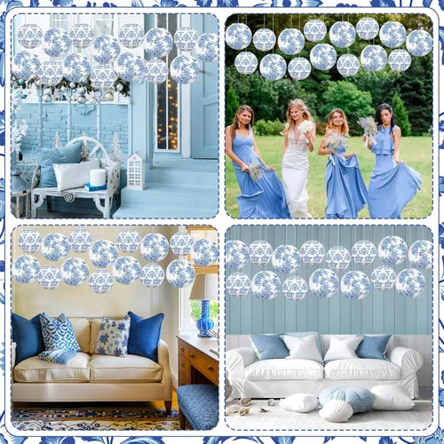 Vista 2 de 15 linternas de papel chinas, decoración de chinoiserie, farol de porcelana azul y blanco para colgar para mediados de otoño, festival, fiesta