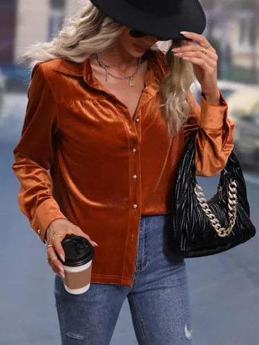 Vista 4 de Floerns Blusa de terciopelo con cuello de manga larga y botones para mujer