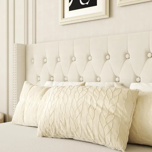 Vista 7 de HAOARA Base de cama tamaño Queen, plataforma tapizada con cabecera con respaldo de ala, botón de terciopelo, fácil montaje, no necesita somier, Beige