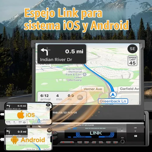 Vista 3 de [Actualización] Reproductor estéreo de coche de un solo DIN compatible con Apple Carplay y Android Auto - Pantalla táctil motorizada abatible de 7
