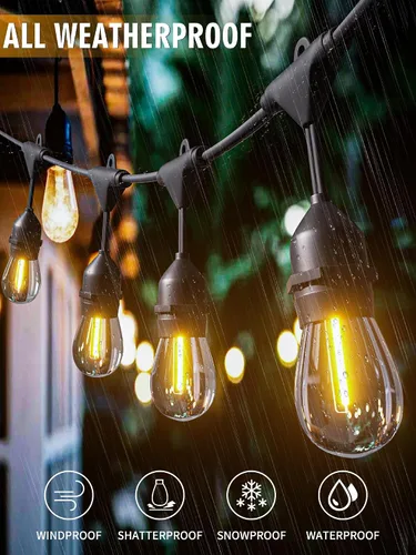 Vista 2 de Tira de luces para exteriores, luz de patio de 100 pies con 32 bombillas Edison regulables S14 inastillables, iluminación exterior resistente al