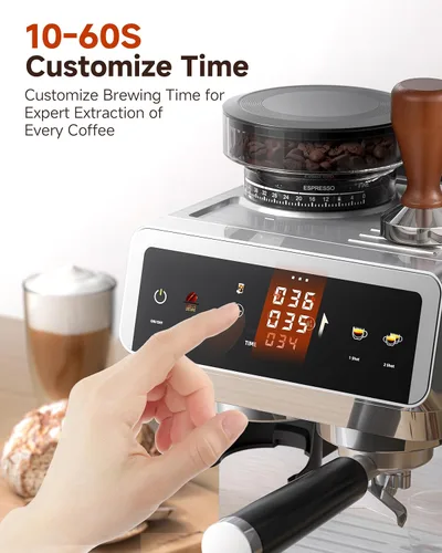 Vista 7 de AMZCHEF Máquina de café expreso con molinillo, control de temperatura de 190 ℉ a 201 ℉ con ajuste de molienda de 44 grados, espumador de leche