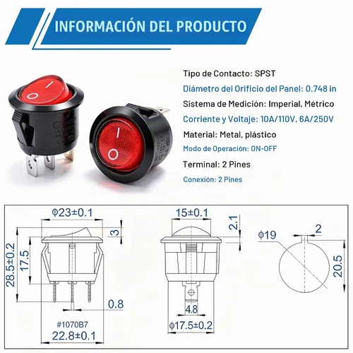 Vista 2 de mxuteuk 5 unids Snap-in AC110/120V Interruptor basculante redondo iluminado Interruptor de alimentación de palanca de barco Luz roja SPST ON-Off 3