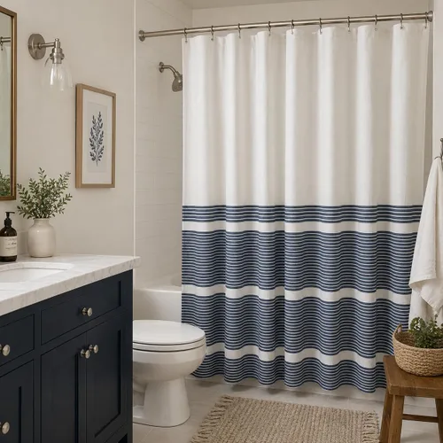 Vista 15 de Serafina Home Cortina de ducha de tela blanca y negra a rayas náuticas: hotel de lujo 100% algodón con tejido decorativo detallado para baño 70 "x