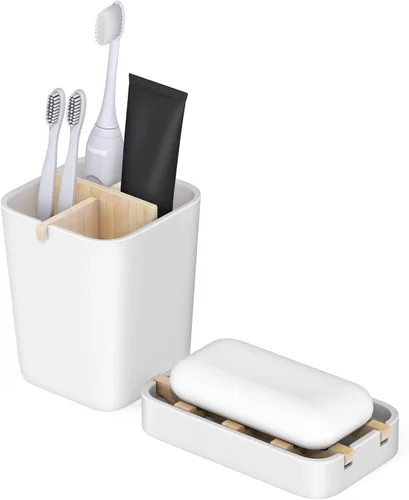 Vista 8 de Juego de soportes para cepillos de dientes y jabonera, accesorios de baño Negro
