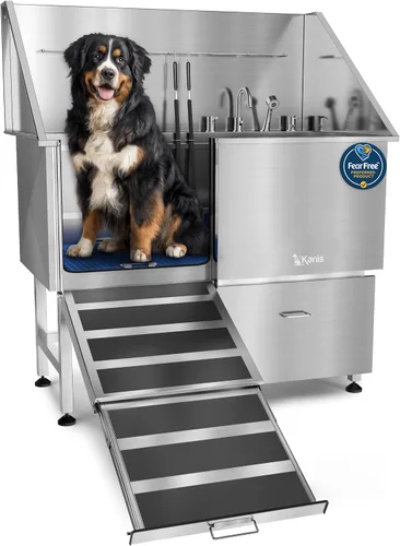 Vista 19 de KANIS Estación profesional de lavado de perros – Fregadero de lavado de mascotas de acero inoxidable 304 y bañera de aseo con ducha, rejillas