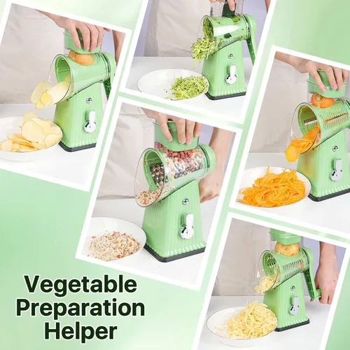 Vista 5 de Rallador rotativo de queso con 5 cuchillas, tubo grande para alimentos, empujador de alimentos de seguridad, base de succión fuerte, verde menta