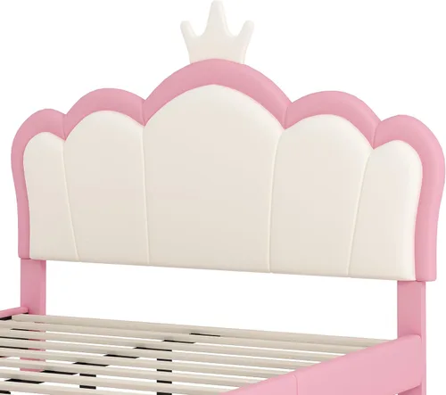 Vista 9 de Harper & Bright Designs Base de cama de princesa tapizada de tamaño matrimonial con cabecero de corona para niños, niñas, niños pequeños, cama