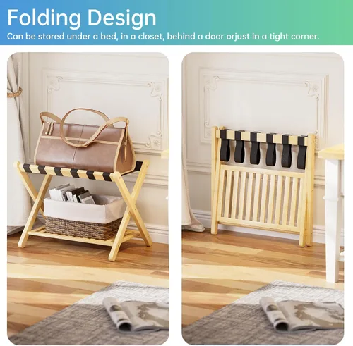 Vista 6 de SMIBUY Portaequipajes, soporte plegable de bambú para maleta con estante de almacenamiento para habitación de invitados, dormitorio, hotel, Natural