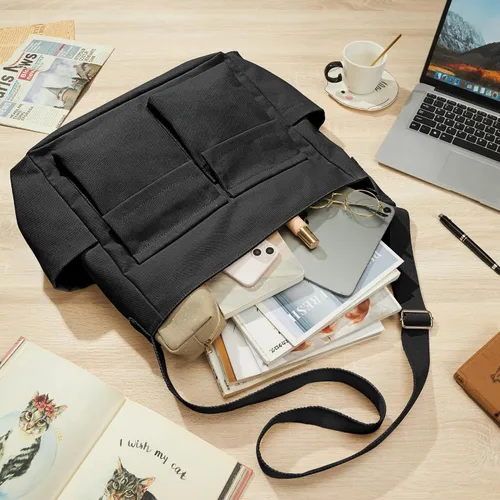 Vista 7 de KALIDI - Bolsa de lona con bolsillos, bolso bandolera grande para mujeres, hombres, universidad, trabajo, viajes, casual
