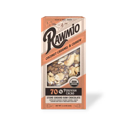 Vista 5 de Rawmio Caramelo de coco y corteza de anacardo triturada, 2.12 onzas, cruda, orgánica, vegana, kosher