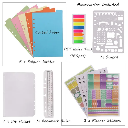 Vista 11 de HXRTANGS A5 Refillable Notebook, Ring Binder Journal Personal Organizer with Lined Paper + Planner Stickers + Subject Dividers + Index Tabs +