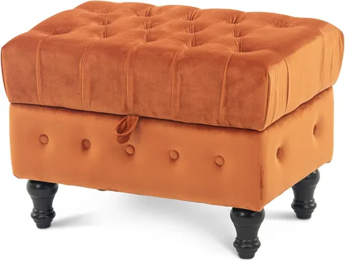 Vista 4 de Mesa de Centro Otomana de Almacenamiento Rectangular, Reposapiés Otomana de Dormitorio con Tapicería de Terciopelo Abotonado Capitoné para Sala