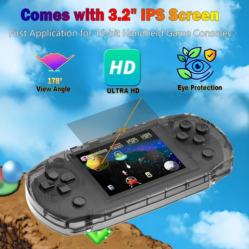 Vista 3 de Mini consola de juegos de mano retro para niños precargada 100 videojuegos, negro Rechargeable,Transparent,6+Hrs Play,3.2" IPS Screen, Portable