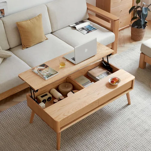 Vista 10 de Mesa auxiliar elevable con almacenamiento, mesa de centro elevadora de madera de roble 100% maciza, mesa de centro de madera de 39 pulgadas