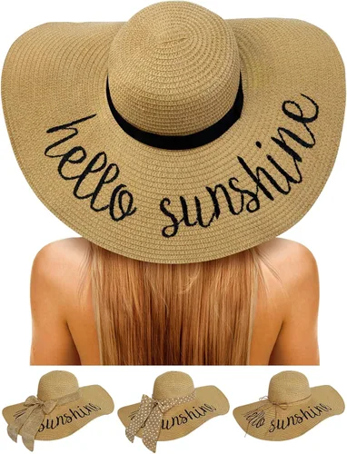 Vista 14 de Sombreros de sol para mujer, sombrero de pescador de paja de ala ancha de 2-Beige