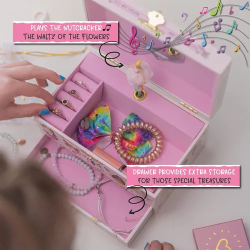 Vista 3 de Joyero musical de bailarina para niñas, joyero que brilla en la oscuridad, joyero organizador con collar de corazón y juego de pulsera, bonita caja