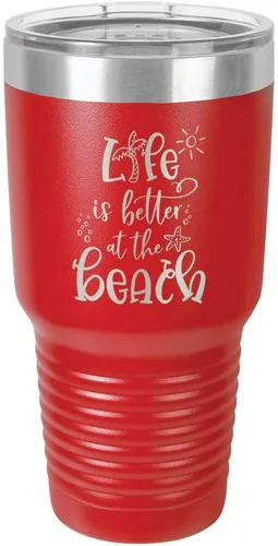 Vista 17 de La vida es mejor en la playa, vaso grabado de 76 ml con paja y tapa superior deslizante de acero inoxidable taza de viaje de acero inoxidable