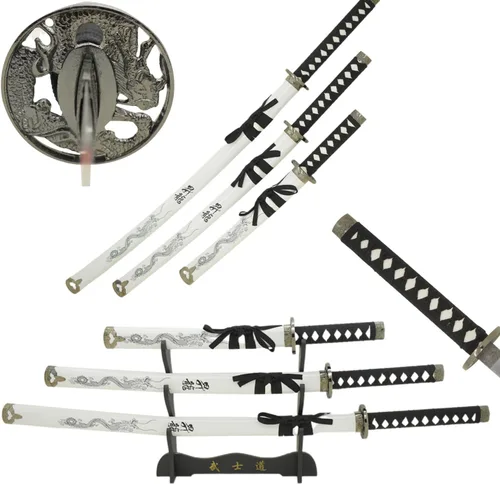 Vista 16 de Snake Eye Tactical Juego de katana samurái de 3 piezas con diseño de dragón de dos tonos