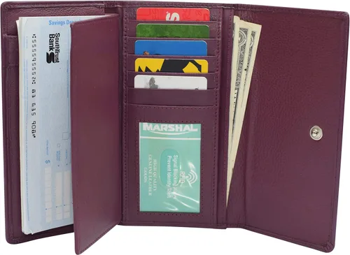 Vista 2 de Marshal Cartera de cuero genuino RFID para mujer, con cremallera alrededor del organizador de chequera para damas, Púrpura, Cartera con cremallera