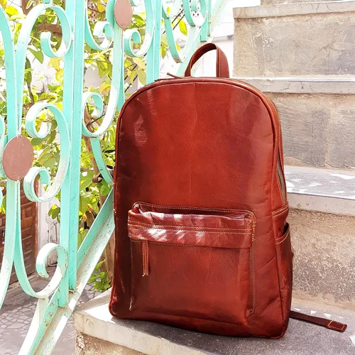 Vista 6 de Jaald Mochila de piel marrón de 18 pulgadas para ordenador portátil, resistente al agua, casual, mochila de viaje, cómoda y ligera, para senderismo