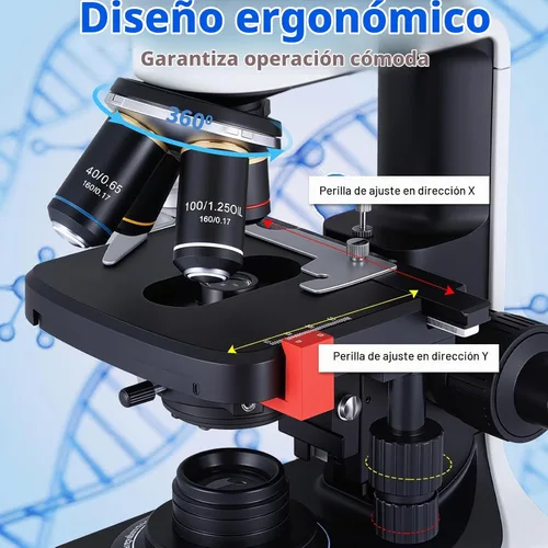 Vista 8 de Microscopio binocular 40X-2500X, oculares WF10x y WF25x, iluminación LED, con soporte para pieza de mano, para principiantes, microscopio para Negro