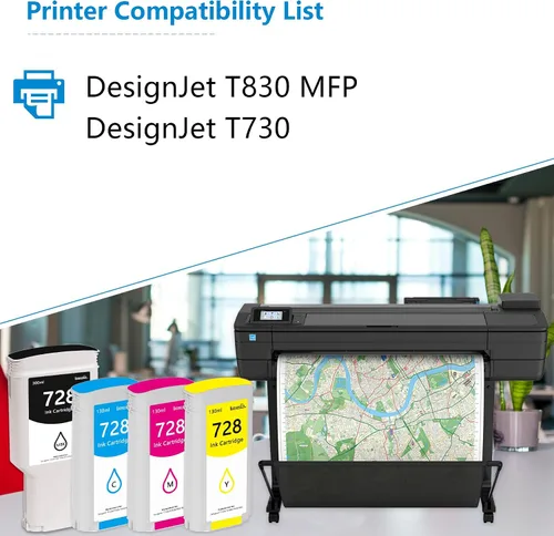 Vista 2 de Cartuchos de tinta 728, paquete de 4 (10.1 fl oz negro mate/4.4 fl oz cian/magenta/amarillo) Lomenti compatible con HP 728 Cartucho de tinta F9J68A