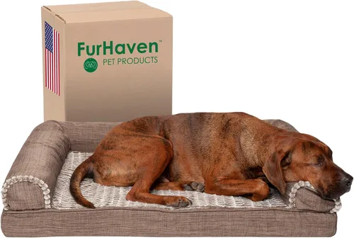 Vista 28 de Furhaven Cama para perro, de espuma viscoelástica, estilo sofá, Sherpa y chenilla, crema, M