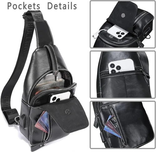 Vista 3 de BULLCAPTAIN Bolso bandolera de cuero genuino para hombre, mochila cruzada para senderismo, casual, bolsa de hombro con puerto de carga USB
