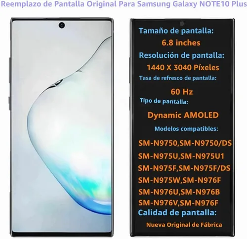 Vista 2 de AMOLED Galaxy NOTE10 Plus - Reemplazo de pantalla original de 6.8 pulgadas para Samsung Galaxy Note10plus 5G N975U N976U pantalla táctil con marco