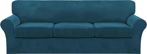 Vista 14 de FantasDecor Fundas de terciopelo para sofá de 2 piezas para sala, con cojín individual, protector elástico de muebles para mascotas, lavable a Negro