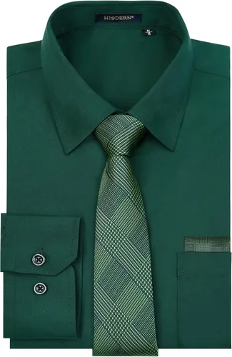 Vista 16 de HISDERN Mens Dress Shirt with Tie Pocket Square Set Classic Button Down Shirt Matching Tie Long Sleeve Shirts 08-verde