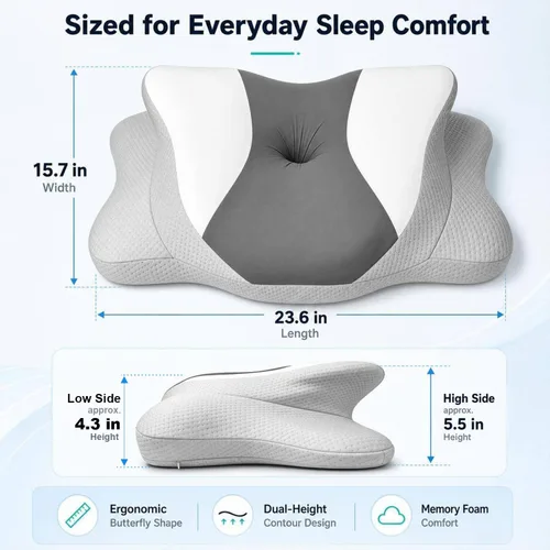 Vista 5 de Almohada cervical para el cuello, suave almohada de espuma viscoelástica de doble altura con funda de enfriamiento transpirable, almohada ergonómica